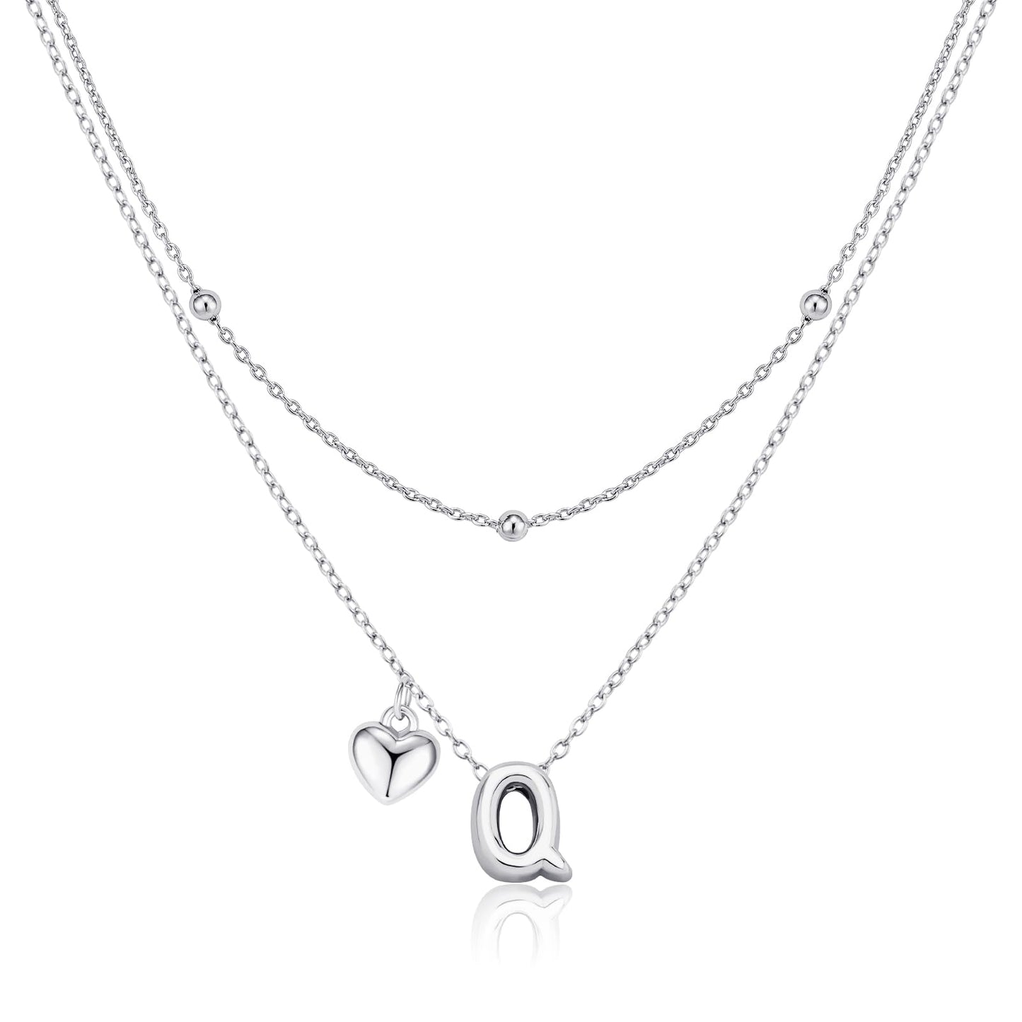 adoyi Silver Heart Initial Necklaces for Women 14k Gold Plated Layered bubble Letter Necklace Dainty Heart Q Pendant Necklace Stack Birthday Valentines Gifts for Women Jewelry