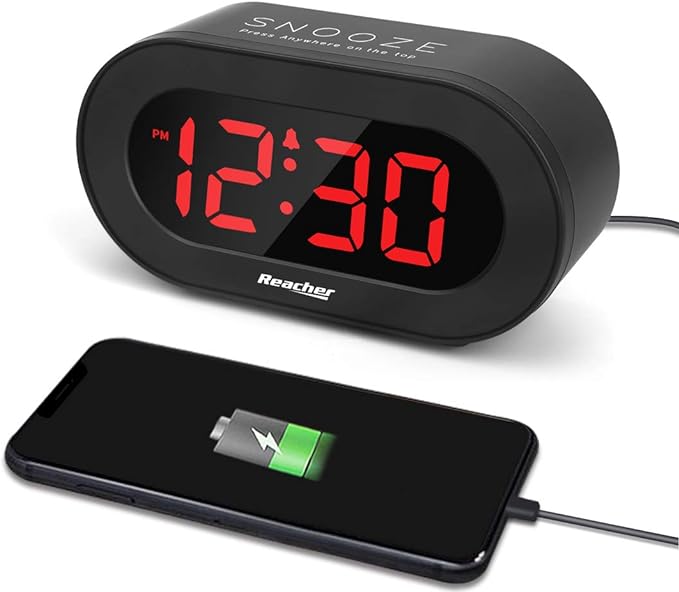 REACHER Small Dimmable LED Digital Alarm Clock with USB Charger