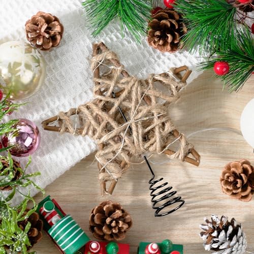 Christmas Tree Topper Rustic Christmas Tree Topper Star 6 Inch, Battery Operated Lighted Jute Rattan Star Warm White Light Christmas Tree Decoration for Small Tabletop Christmas Trees