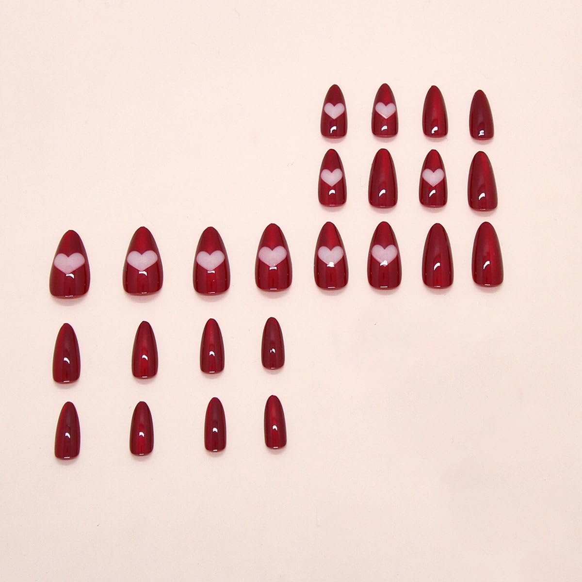Red Press on Nails Medium Almond Reusable Fake Nails with Glue Pink Heart Stick on Nails Full Cover Glossy False Nails for Women DIY Manicure Decoration, 24PCS