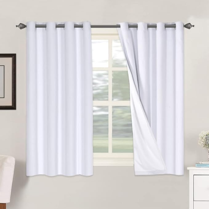 H.VERSAILTEX Linen Blackout Curtains 54 Inches Long 100% Blackout Thermal Insulated Textured Linen Look Curtain Draperies Anti-Rust Grommet, Energy Saving with White Liner, 2 Panels, Bright White