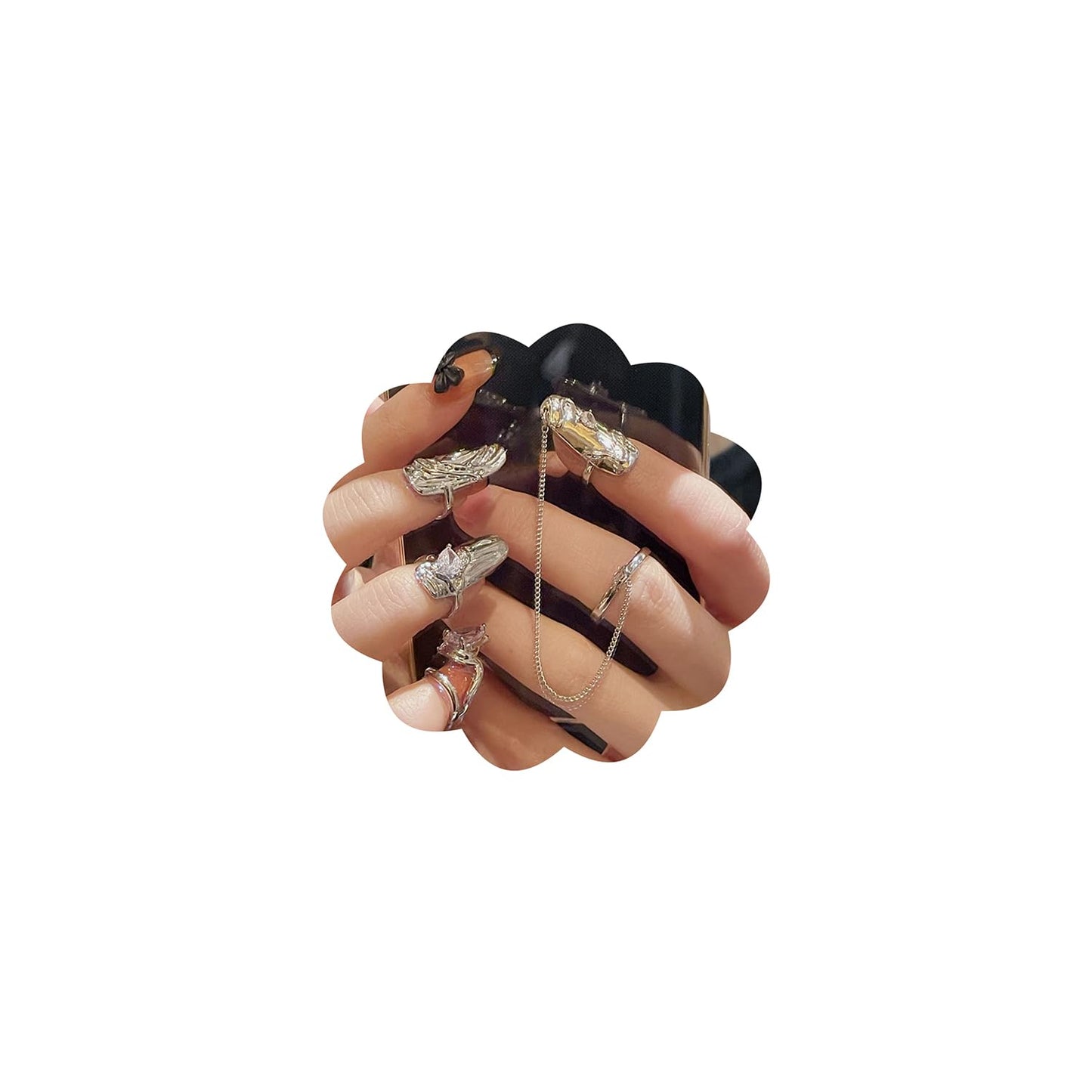 Xerling 4Pcs Punk Silver Crystal Fingertip Ring Set for Women Gothic Finger Nail Tip Rings Nail Cap Protective Cover Rings for Halloween Costume