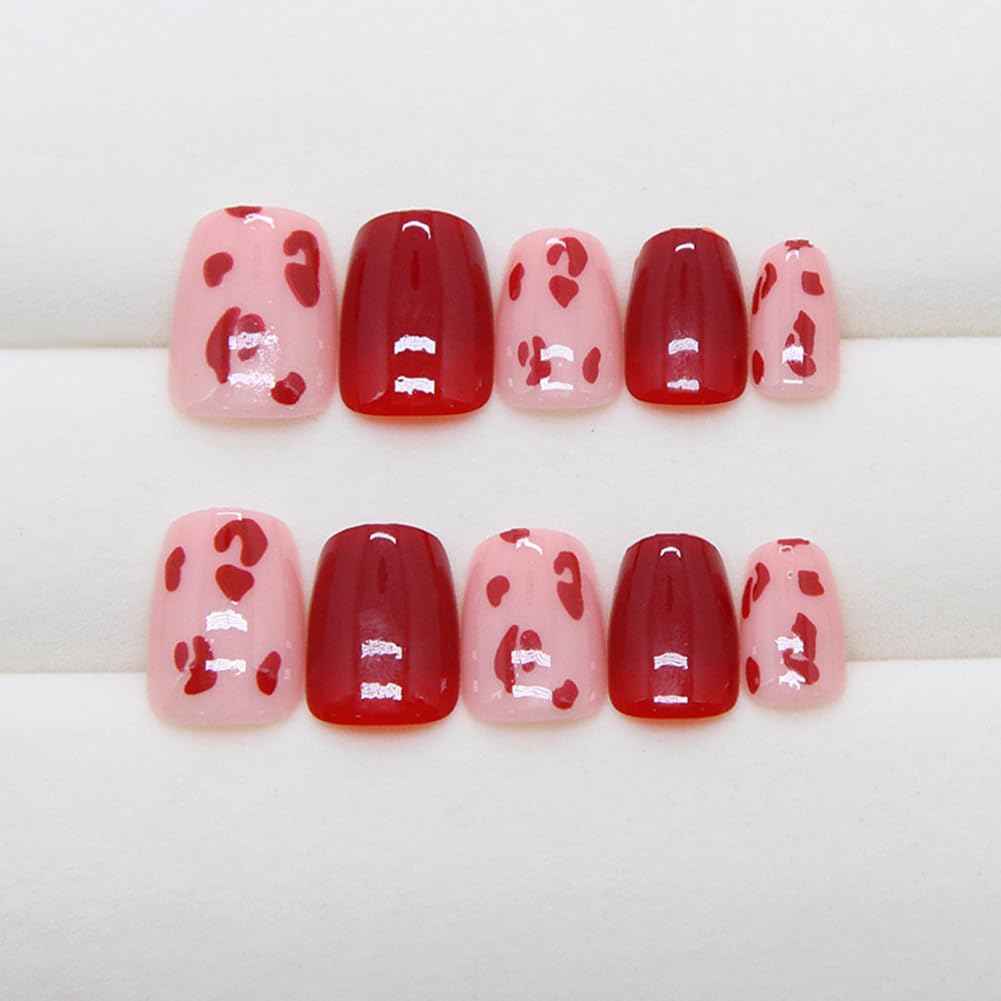 RUPOFUZA Press on Nails Spring Square Short Fake Nails Red Leopard Print False Nails Glossy Red Glue on Nails Acrylic Artificial Nails Extra Short Glue on Nails for Women 24Pcs
