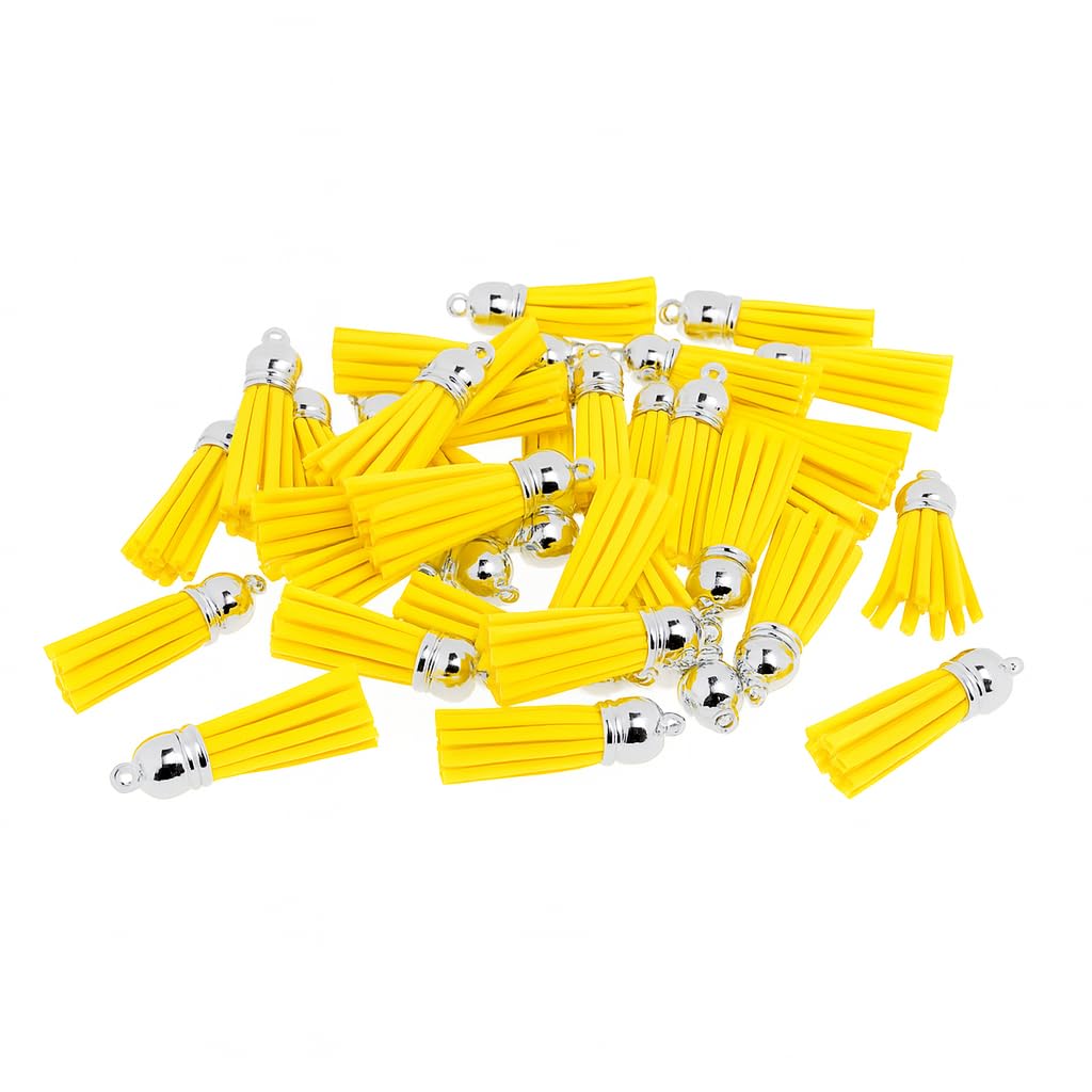 Mandala Crafts 100 Pcs Silver Cap Yellow Faux Suede Tassels Bulk Keychain Making Supplies - Small Leather Tassels for Charms, Jewelry Making, and DIY Crafts