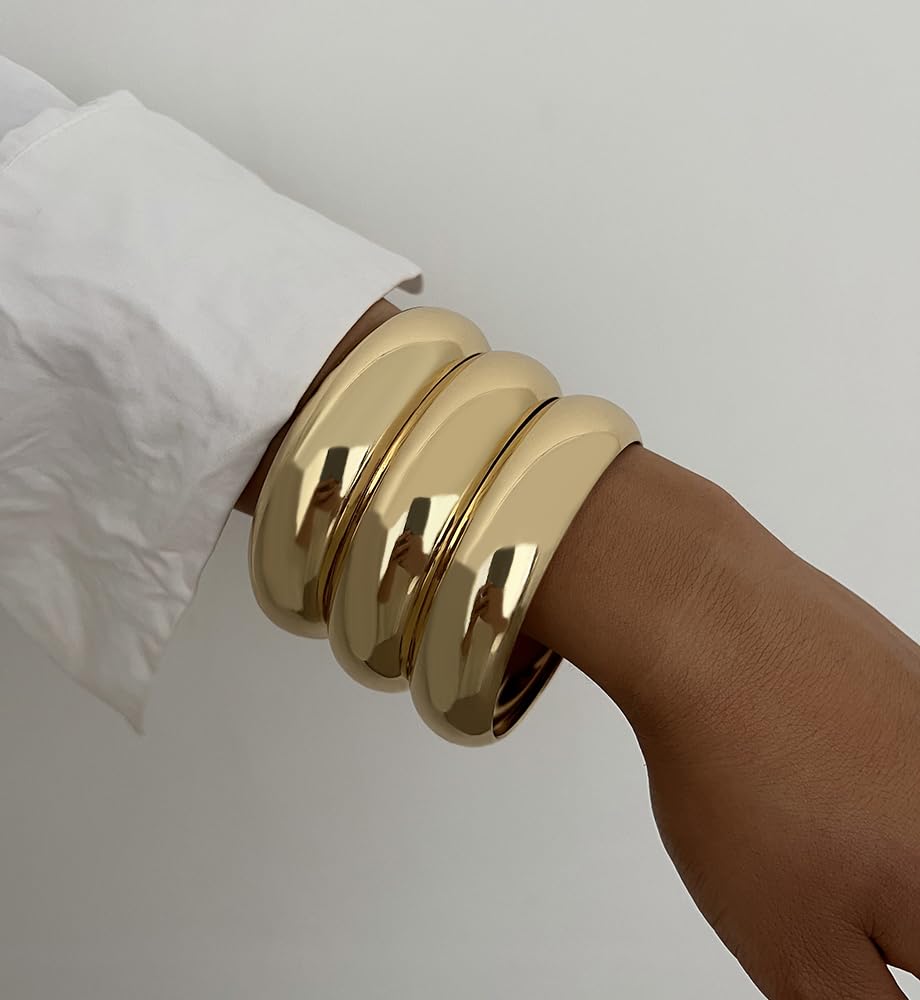 3PCS Chunky Gold Bangle Bracelets for Women, Dainty 14k Gold Plated Big Stackable Bangles Set, Trendy Cuff Bracelet Stack Fashion Jewelry Gifts