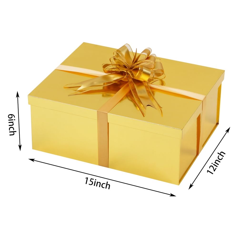 UoeRing Gold Large Gift Box 1Pcs 15x12x6 inch,luxury Gift Box with Lid for Birthday Christmas Valentine's Day Mother's Day (Includes Pull Bows,Card,Envelope,Filler)