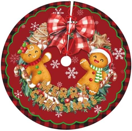 Buffalo Check Merry Christmas Gingerbread Man Wreath 36 Inch Christmas Tree Skirt Carpet Mat Funny Party Decor Supplies for Xmas Halloween Ornament Decorations Occasion