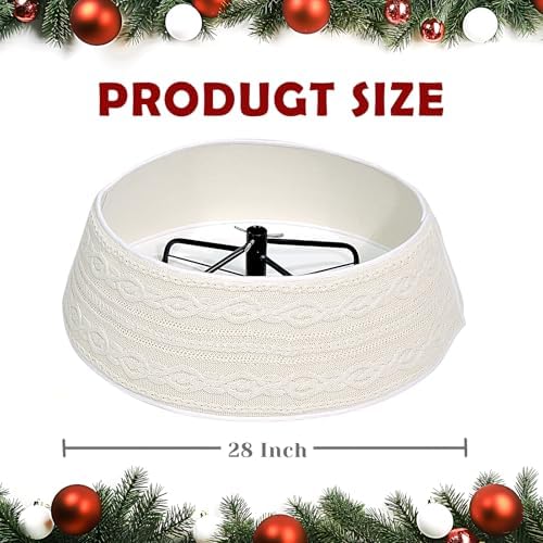 WBHome Christmas Tree Collar, Adjustable 28 inch Cable Knit Knitted Thick Rustic Holiday Decoration, Farmhouse Tree Ring Tree Skirt for Christmas Home Décor, Beige