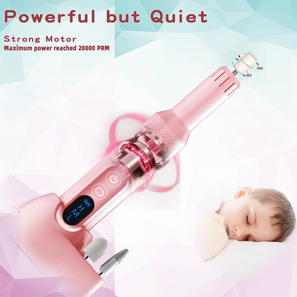 Pinkiou Cordless Electric Nail Drill-20000RPM Professional Efile Nail Machine with Wireless Charging Base, Portable Rechargeable Nail File Kit for Acrylic, Gel Nails, Manicure & Pedicure at Home(Pink)