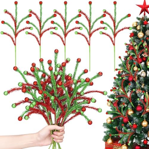 Norme 12 Pcs 13.8 Inch Red and Green Sparkle Christmas Tree Picks and Spray