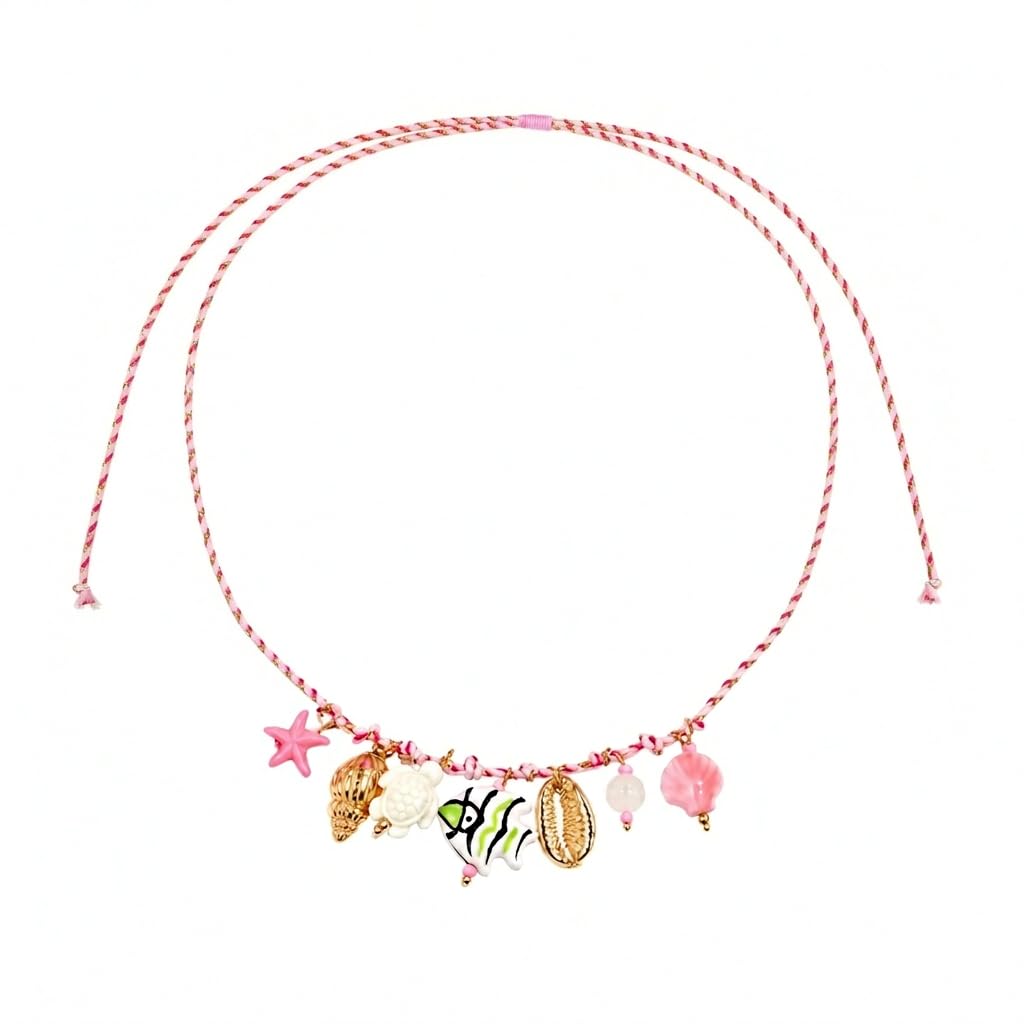 Tyebiva Cute Ocean Pendants Braided Pink Rope Necklace for Women, Summer Beach Boho Adjustable String Choker with Starfish Seahorse Fish Shell Charm Holiday Vacation Jewelry Gift