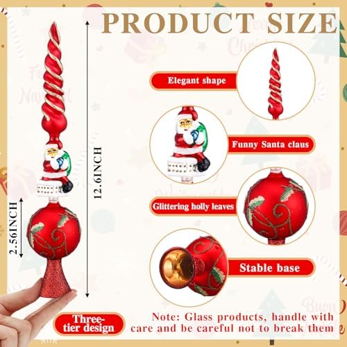 Sosation Glass Santa Claus Design Treetop 3 Tier Retro Glass Finial Tree Topper Vintage Spherical Christmas Tree Toppers Ornaments with Carved Pattern Unique Xmas Treetopper for Home Decoration, 13''