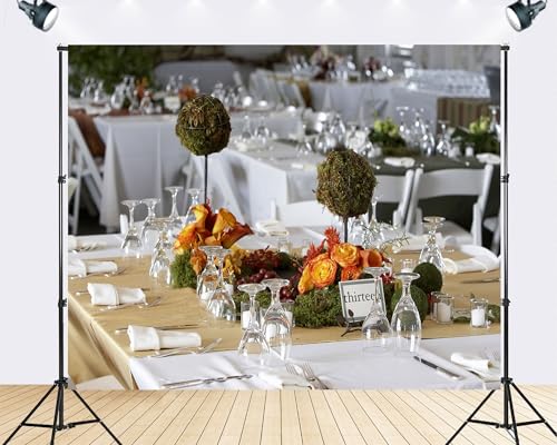Trykid 8x8ft Wedding Table Centerpieces Backdrop Orange Roses Moss Balls Table Number Thirteen Photography Background Event Styling Tapestry Party Decoration Photo Studio Prop Fabric - size: 8x8ft