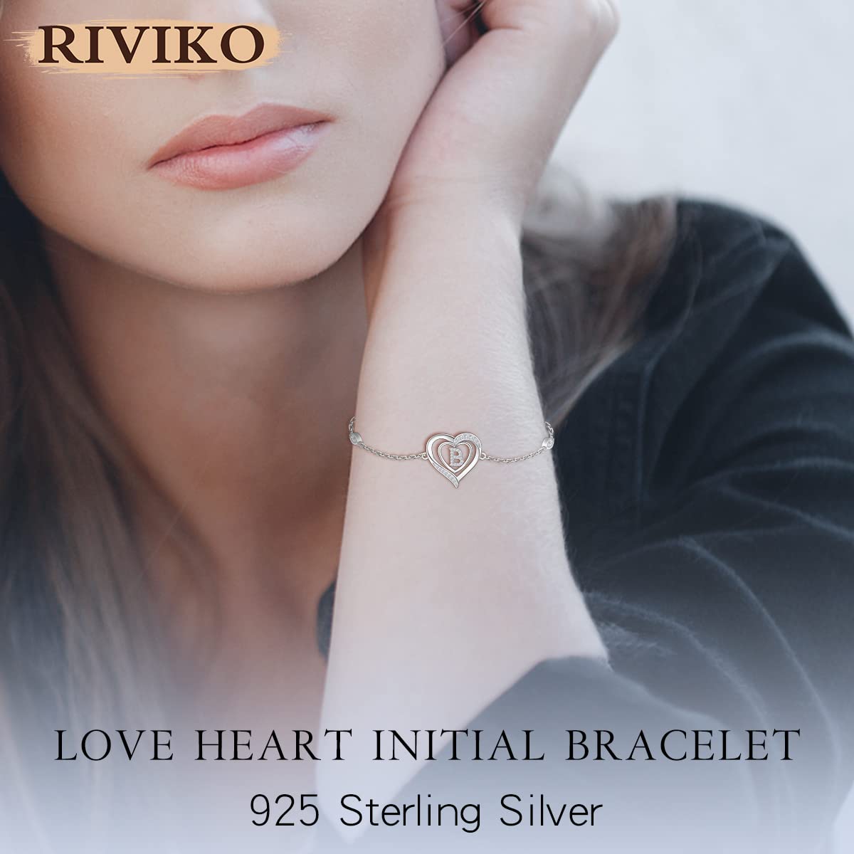 RIVIKO Heart Initial Bracelets for Women,925 Sterling Silver Letter B Bracelets,Personalized Charm Alphabet Jewelry Anniversary Valentines Birthday Gifts for Women Her Mom Wife Lady