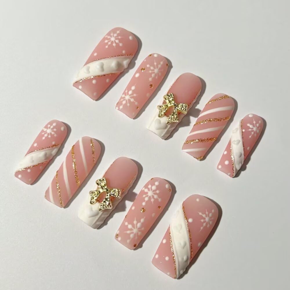 MAGLFELL Press On Nails Handmade Square Fake Nails, Painting Snowflakes and Gold Plated Bow Design,10 Pcs Reusable ABS Material Acrylic Fingernail Tip Salon Artificial Nails Kit (Size M)