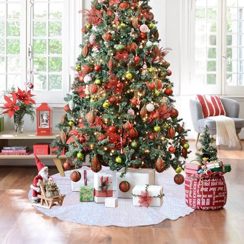 Poise3EHome Iridescent White Christmas Tree Skirt,50 Inch Sequin Tree Skirt