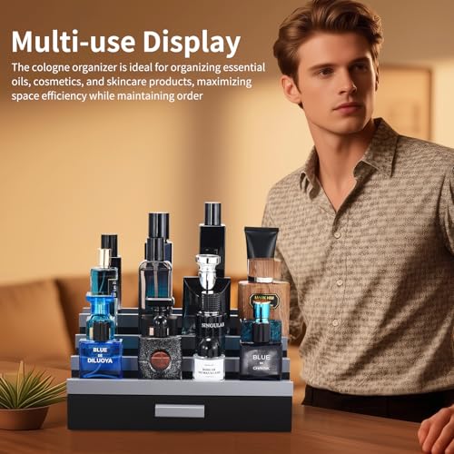 Perfume Organizer for Men, 4 Tier Wood Perfume Display Stand with Velvet Lining Drawer and Hidden Compartment for Watch,Jewelry,Perfume Display Risers,A Gift for Men (Black+Gray) - style: 4 Tier - BlackGrey