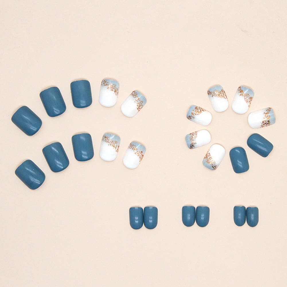 Extra Short Press On Nails Glue On Square Glossy Blue Fake False Nails with Glitter Press Ons Designs Artificial Stick on Nail for Women Girls 24Pcs