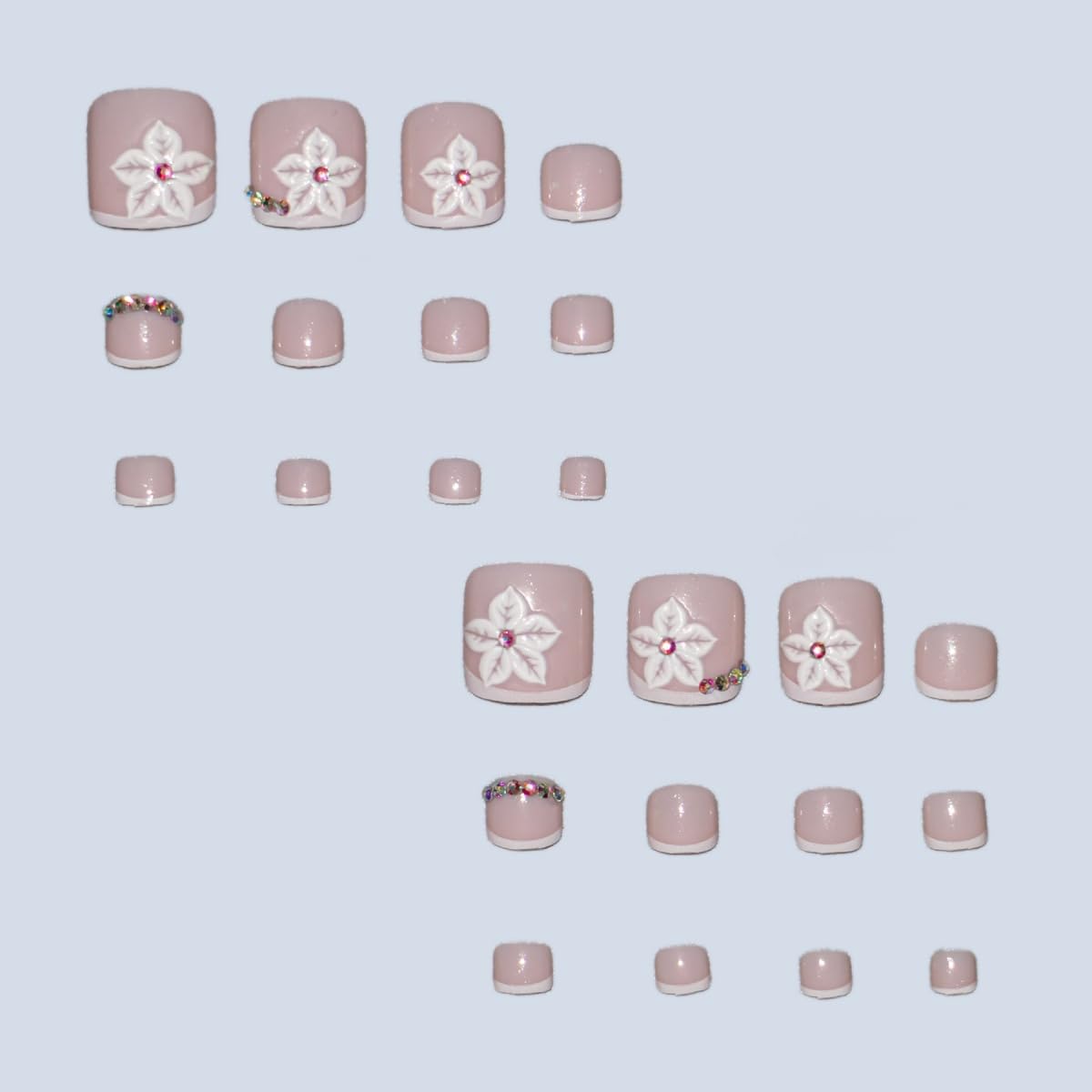 Flower Press on Toenails Short Square Fake Toe Nails White French Tip False Toenails 3D Floral Toe Press on Nails with Rhinestones Design Glossy Pink Acrylic Toe Nails for Women Manicure 24Pcs