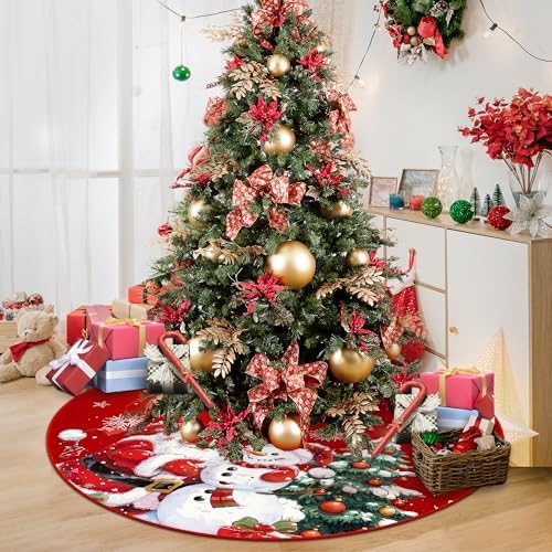 Christmas Tree Skirt 48 inch, Red Plush Snowman Snowflakes Christmas Tree Skirt, Farmhouse Xmas Tree Skirt Ornaments for Christmas Tree, Holiday Decor Party Christmas Decorations (48 inch)