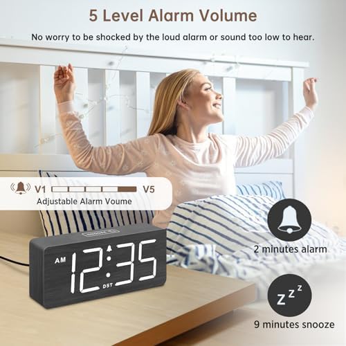 DreamSky Wooden Digital Alarm Clock for Bedroom with Large Numbers | Desk Clock for Living Room Office, Loud Alarm for Heavy Sleepers Adults, Volume Control, Dimmer, DST, Wood Decor (Plug-in)
