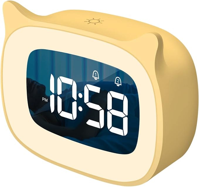 Cute Cat Ear Alarm Clock with Night Light for Bedroom,Yellow