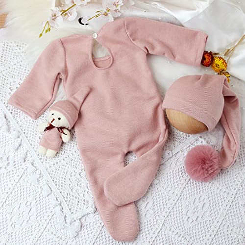 Newborn Baby Photo Shoot Props Girl Boy Crochet Knit Hat Costume Stripe Hat Pants Overalls Photography Props - color: Pink