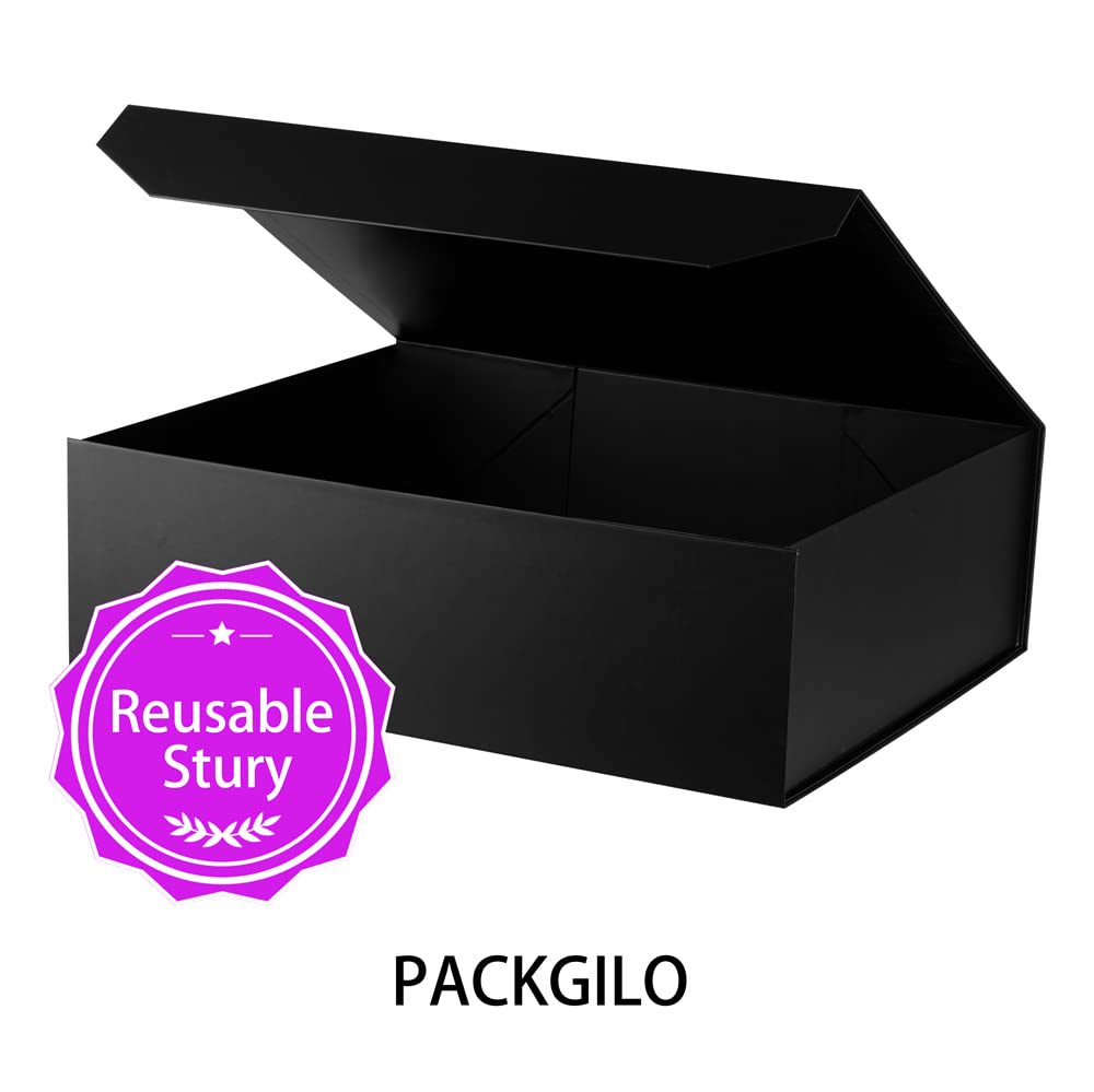 PACKGILO Black Extra Large Gift Box with Lid 1 Pcs 19x16x6 Inches, Gift Box large Black Gift Boxes for Presents Clothes Robe Wedding Dress Sweater,Reusable Foldable Bridesmaid Proposal Box（Matte）