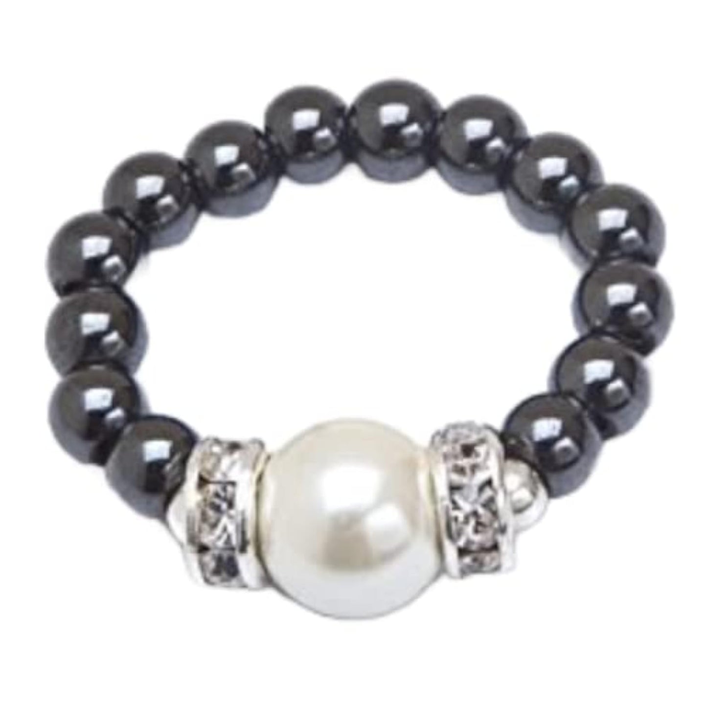 MAGNEHEALTH - Black - XS 5-6 - Magnetic Hematite Stretch Ring with Large White Magnet Bead, Unisex Ring, Absorbs Negative Energy, Wellness & Balance Jewelry