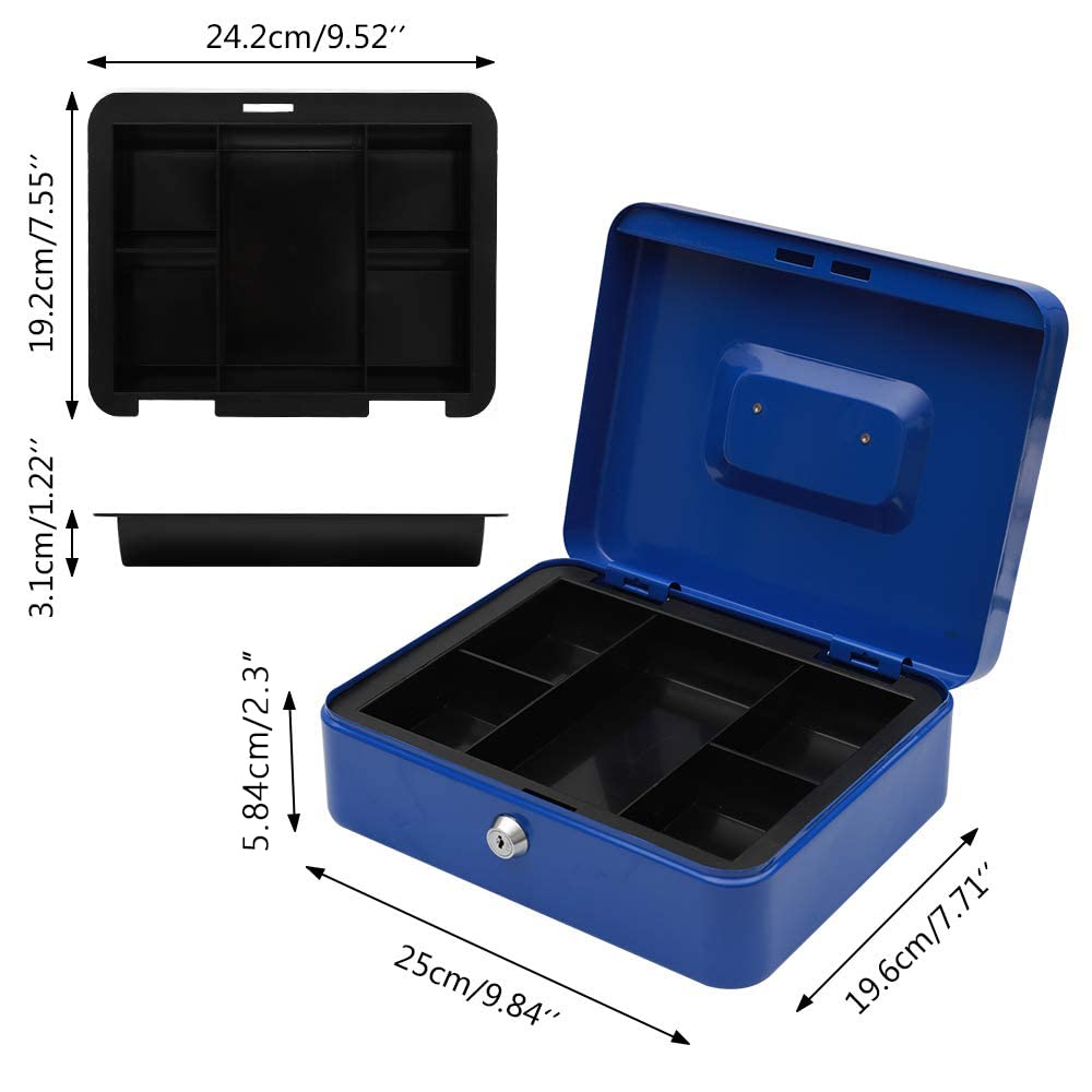KYODOLED Large Lock Box with Money Tray,Storage Cash Box with Lock,Safe Metal Box for Money,9.84"x 7.87"x 3.54" Blue Large
