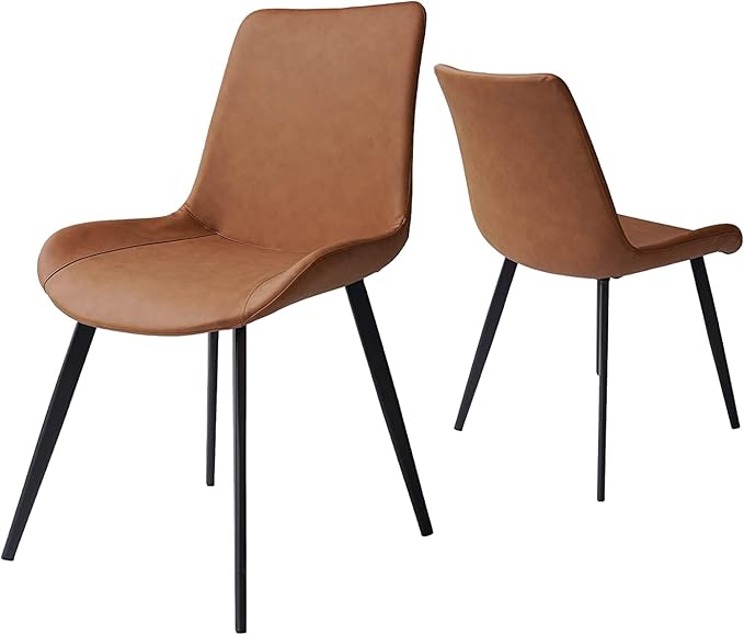 Dining Chairs Set of 2, Modern Kitchen & Dining Room Chairs, Upholstered Faux Leather Cushion Seat and Sturdy Metal Legs (2 Brown Chairs)
