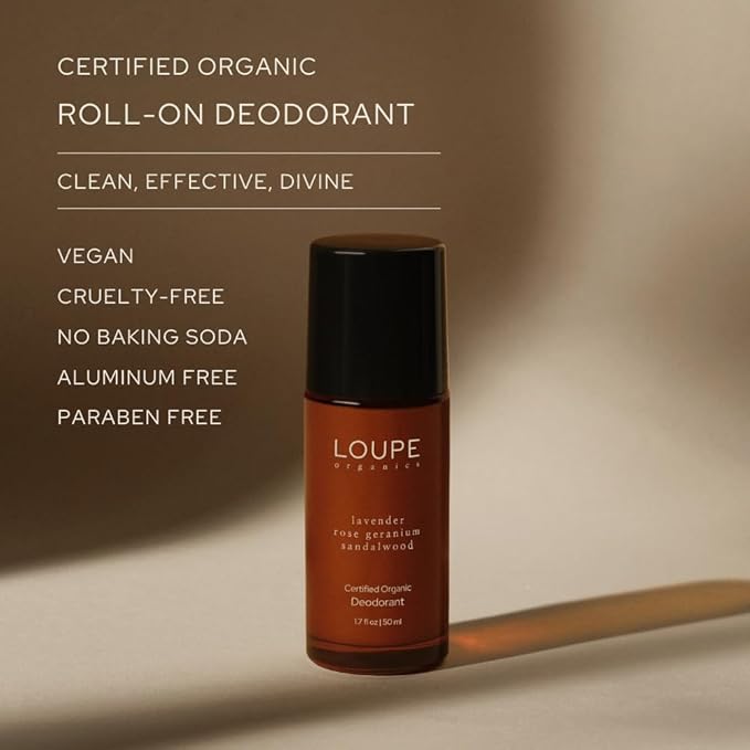 LOUPE | Upgraded Formula | Certified Organic Deodorant Roll-on | 100% Natural & Plant-Based, Unisex, Sensitive Skin | Scented with Organic Essential Oils | Lavender, Geranium Rose, Sandalwood
