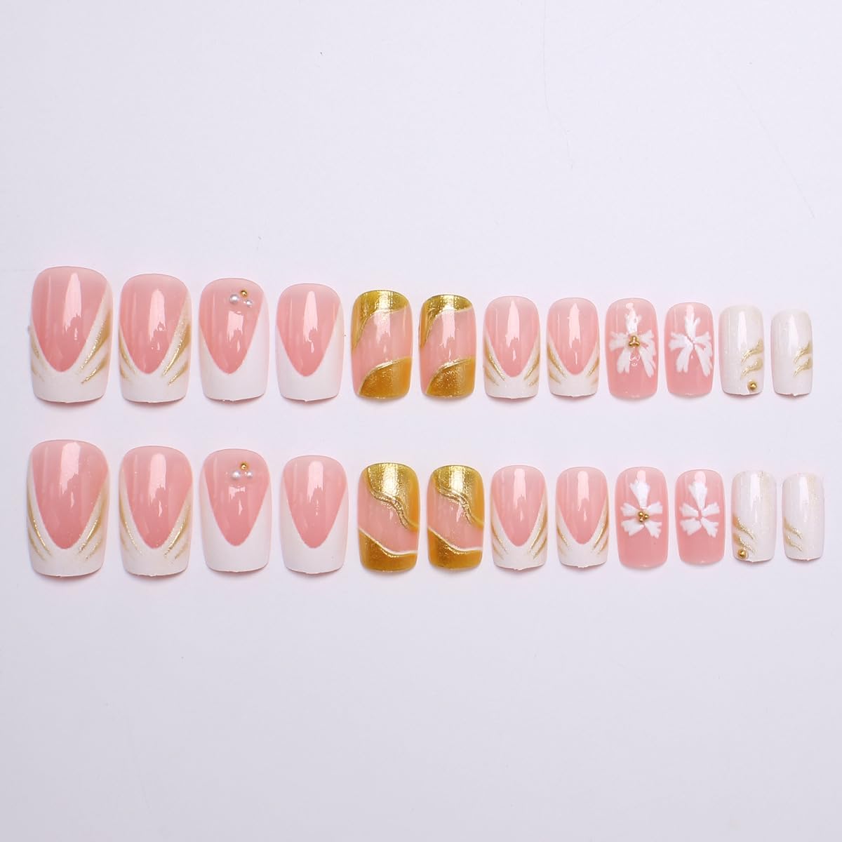 French Tip Press on Nails Medium Square Fake Nails with White Pearl Flower Designs Glossy Nails Press ons Pink Full Cover Glue on Nails Summer Acrylic Artificial Stick on Nails for Women 24Pcs