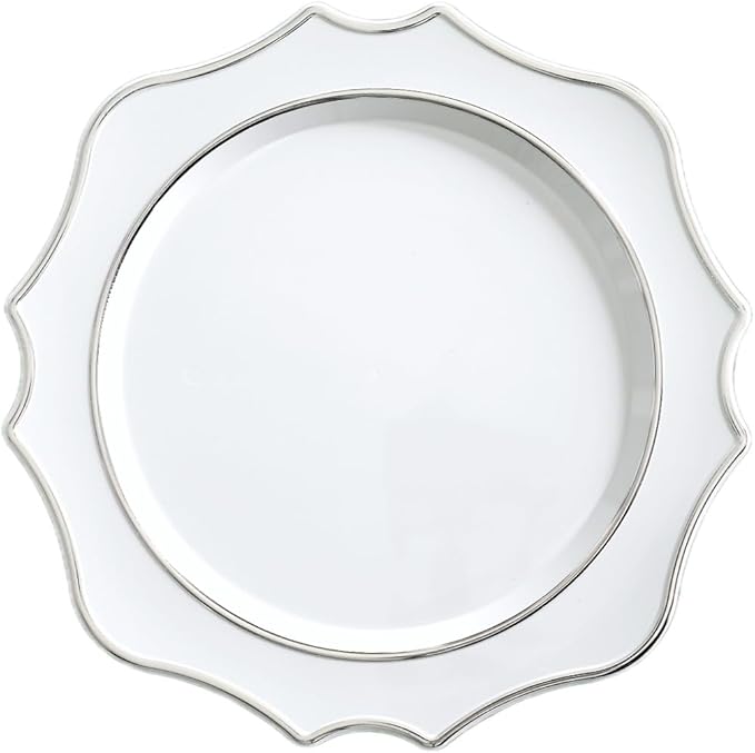 " OCCASIONS " 20 Pieces 13.25'' Scalloped Disposable/Reusable Plastic Charger Plates for Wedding, (Scalloped Imperial White & Silver)