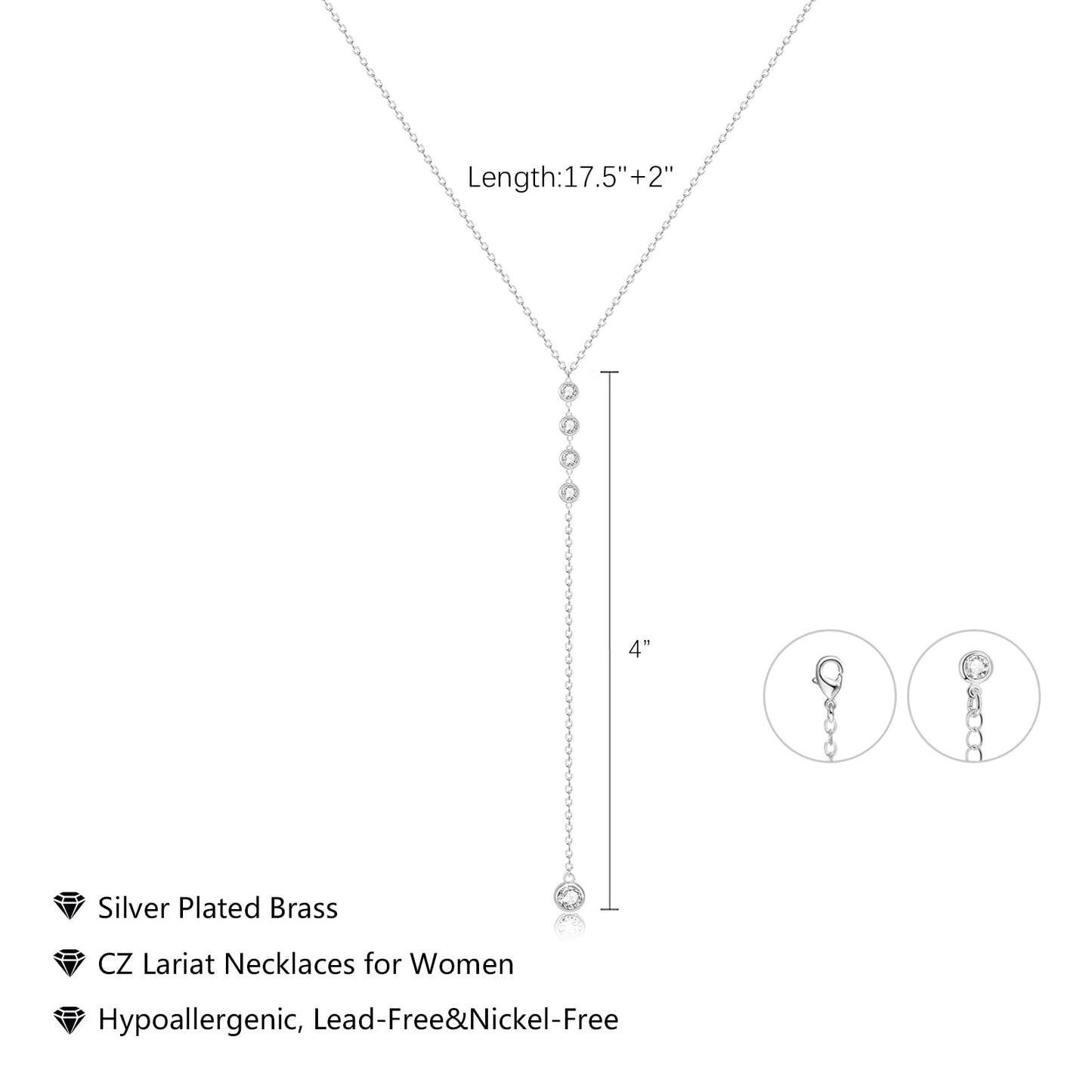 Airmb Long Silver Necklace for Women - Dainty Silver Drop Lariat Necklace Trendy Simple CZ Y-Shaped Body Chain Wedding Prom Dangle Statement Necklace Jewelry Gifts