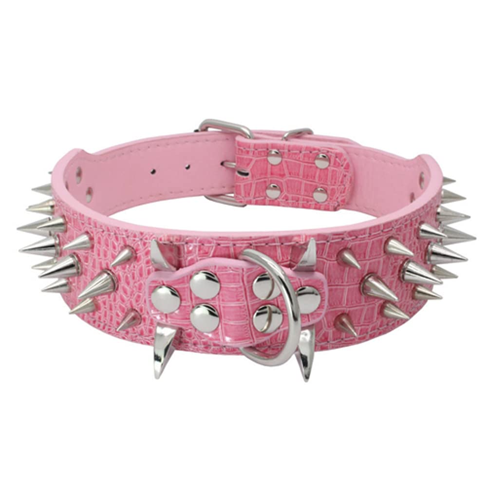 Serijoars Spiked Studded Dog Collar, PU Leather Dog Collar, Adjustable Pet Collars for Medium or Large Breed Pet (M, Pink)