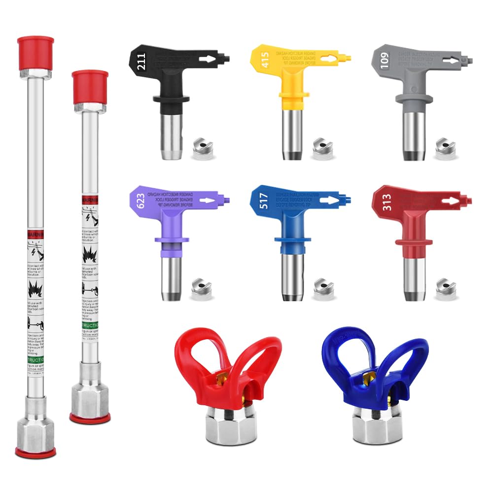 10 Pieces Airless Paint Sprayer Gun Accessory Set Equipped with 2 Extension rods 6 Spray Tips and 2 Nozzle Seats Suitable for Home Renovation .（109, 211, 313, 415, 517, 623）