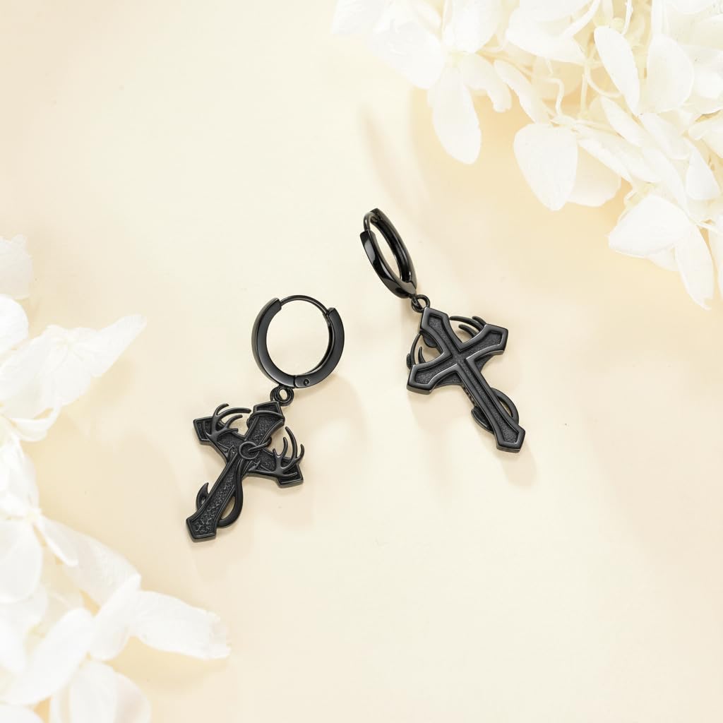 Fish Hook Cross Earrings for Men Women Sterling Silver Hunting Cross Dangle Earrings Religious Jewelry Gifts