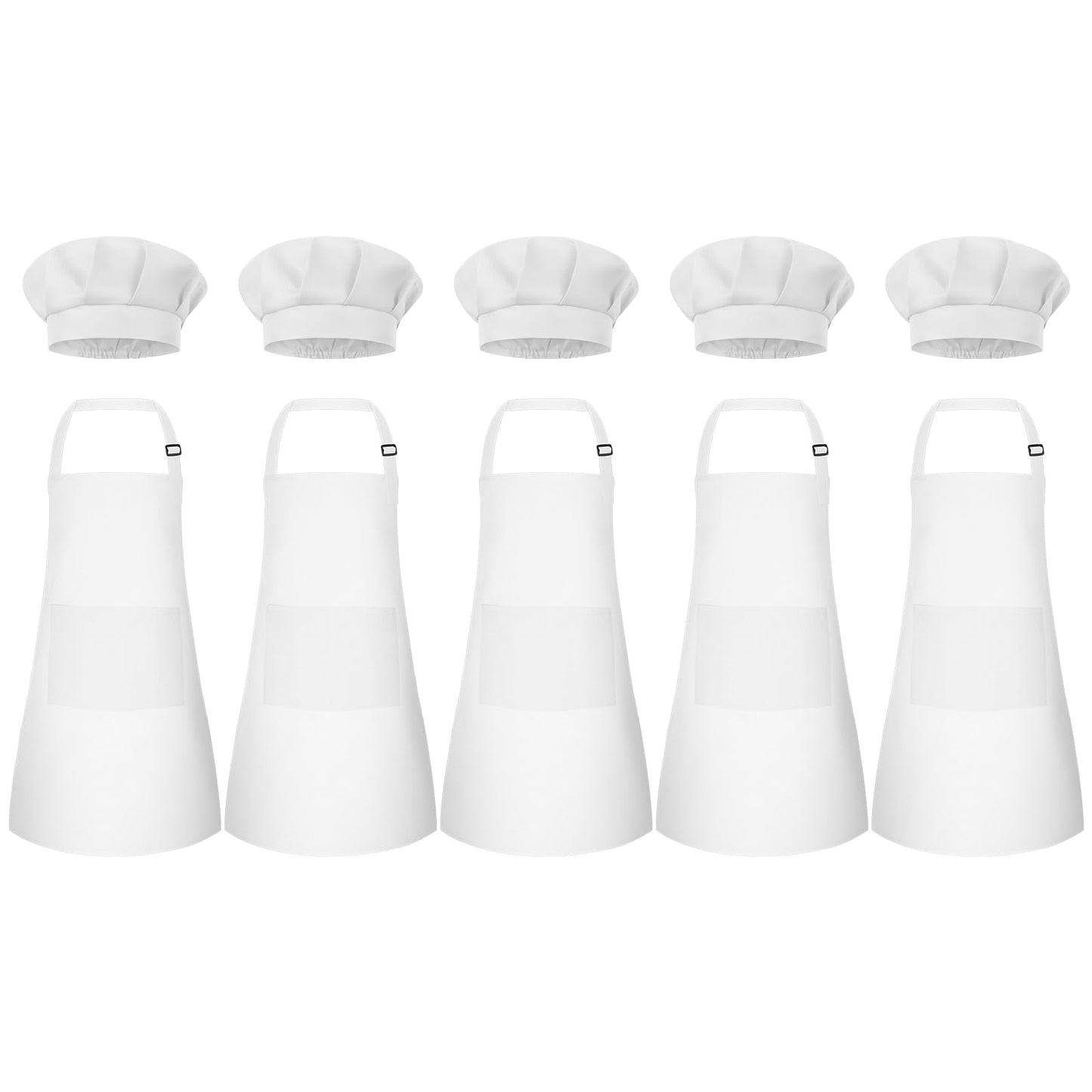 Bouiexye 5 Set Kids Apron and Chef Hat Set Children Apron Adjustable with 2 Pockets Children Chef Painting for Cooking Baking Painting Crafts Making (White
