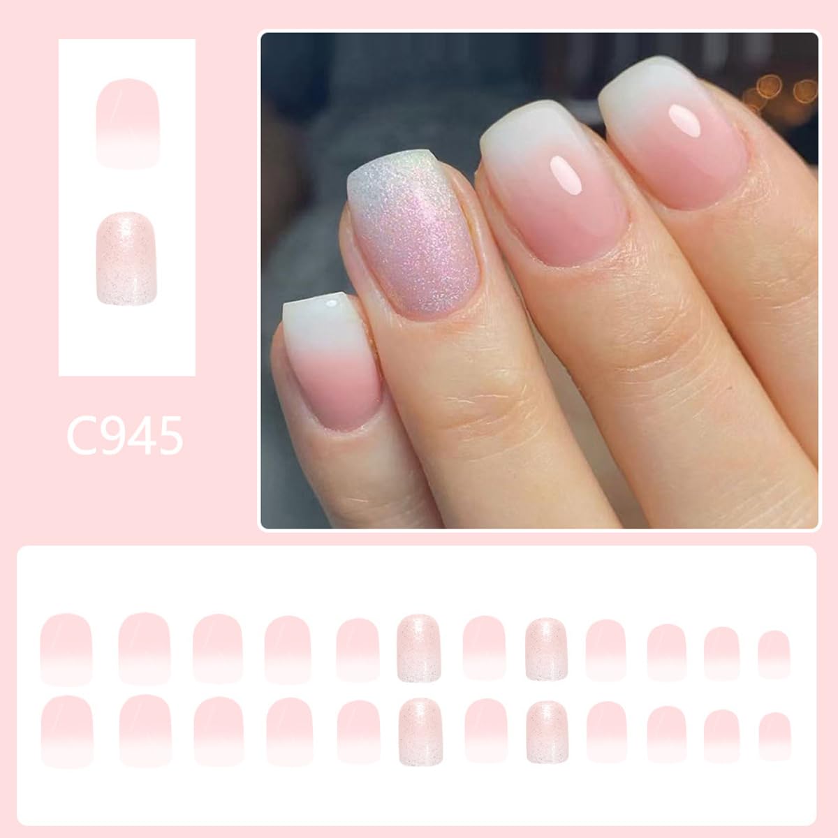 Ombre Press on Nails Short Square Fake Nails with Glitter Design - Reusable False Nails Press ons Acrylic Artificial Nails Glossy Full Cover Stick on Nails for Women Manicure 24 Pcs