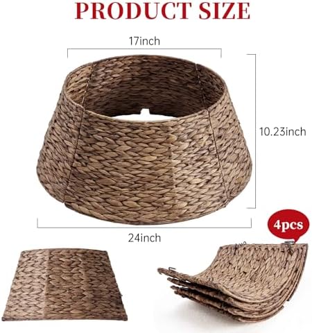 Sweetcrispy 24in Christmas Tree Collar for 4-7ft Trees, Woven Hyacinth Rattan 4-Panel with Cord Hole & Easy Lock, Handwoven & Durable Holiday Decor, Brown