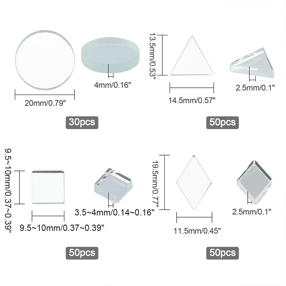PH PandaHall 2.5~4mm Thick Mirror Tile, 180pcs 4 Shapes Mosaic Tiles Glass Mirrors Round/Triangle/Rhombus/Square Decorative Craft Mirrors DIY Tiles Mirror Pieces for Crafts Art Wall Home Jewelry Frame