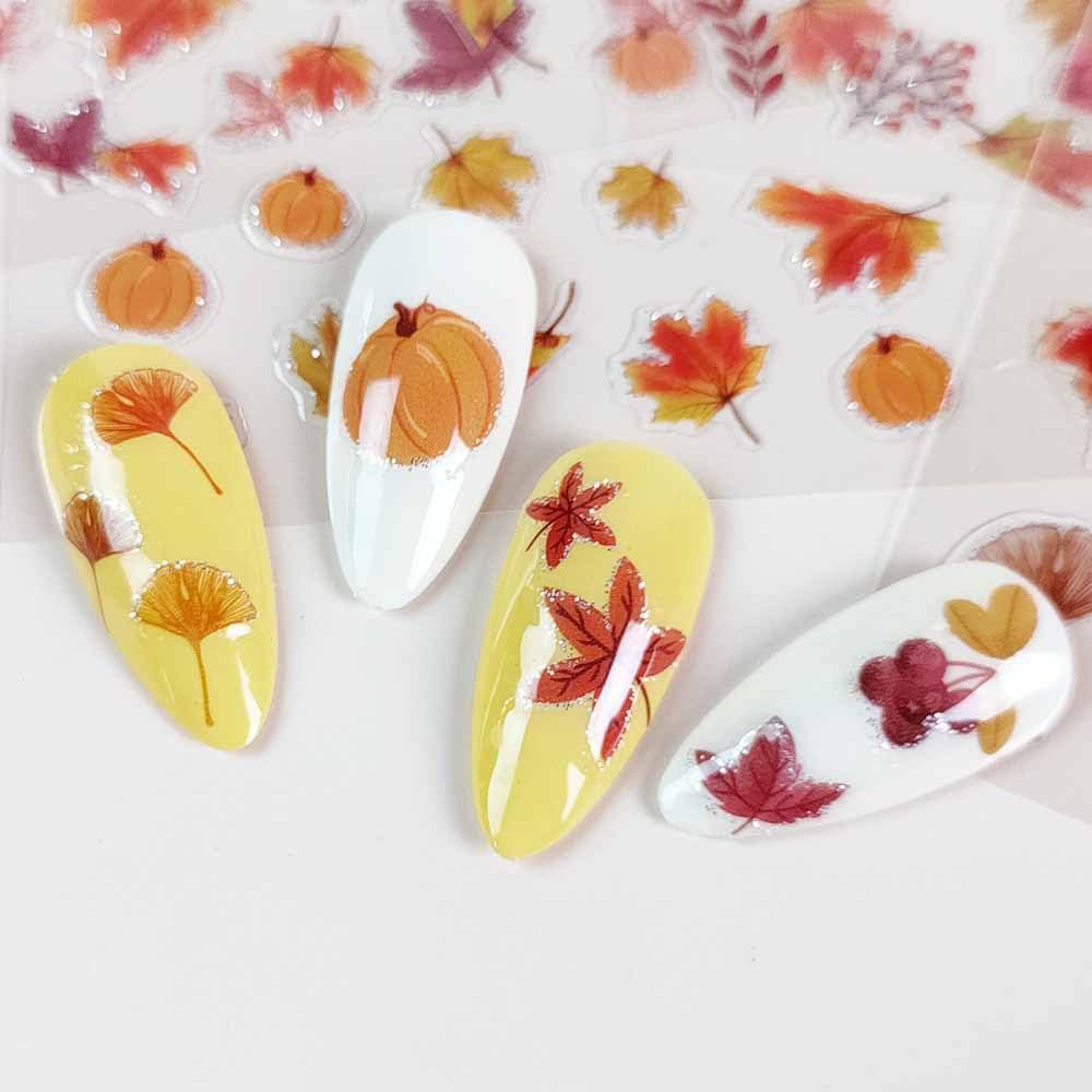 Fall Nail Stickers - 4PCS Gold Foil Maple Leaf Nail Decals for Autumn & Thanksgiving | Embossed Self-Adhesive Nail Art Supplies for Women, Halloween Nail Decor (Waterproof, Salon Quality)