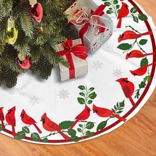 Red Snow Birds Winter Christmas Tree Skirts 48", Xmas Tree Cloth Mats Trees Skirts for Decor Gift, Home Decoration