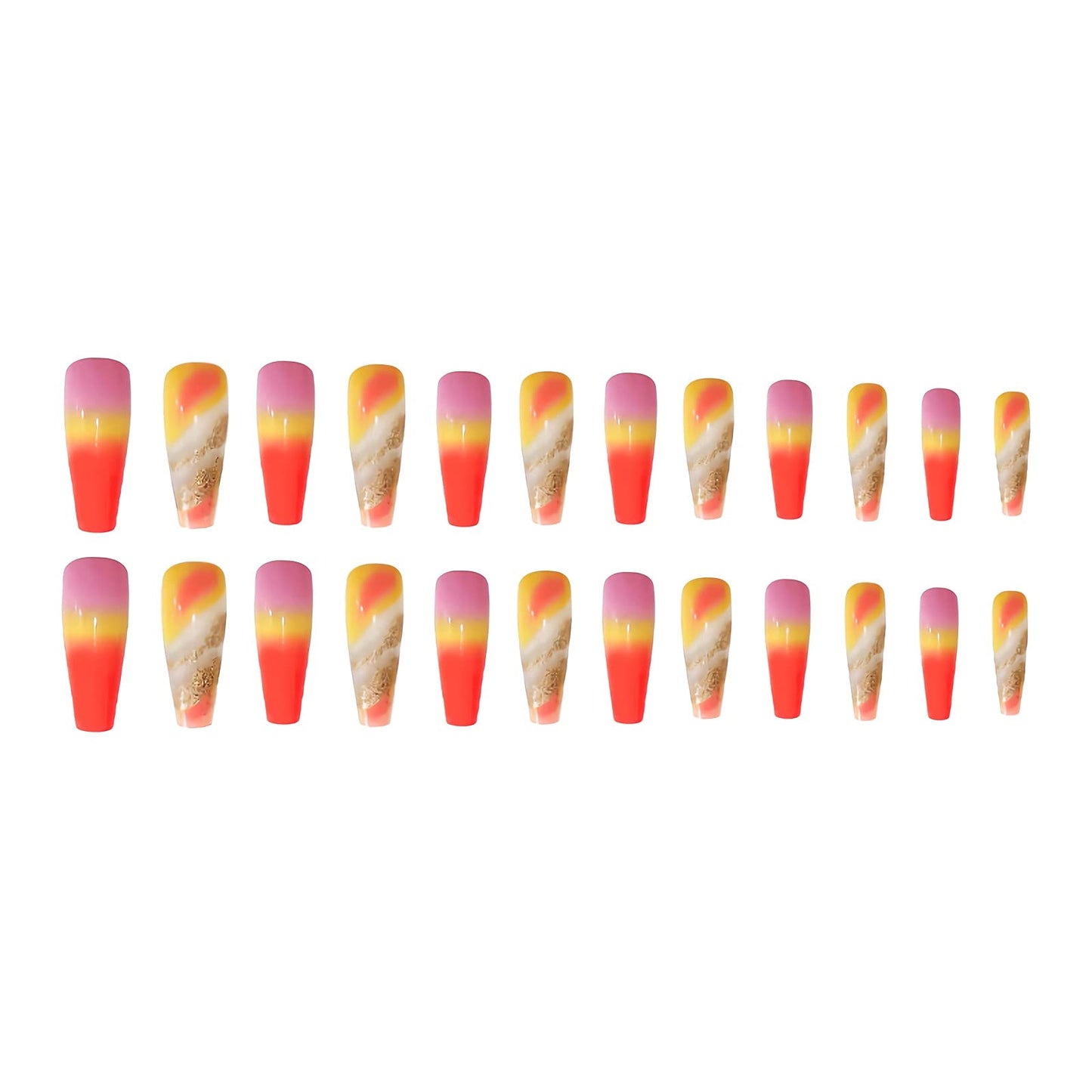 IMSOHOT Long Press on Nails Coffin French Tip Fake Nails Yellow Orange Gradient False Nails with Gold Foil Designs Clear Glossy Glue on Nails
