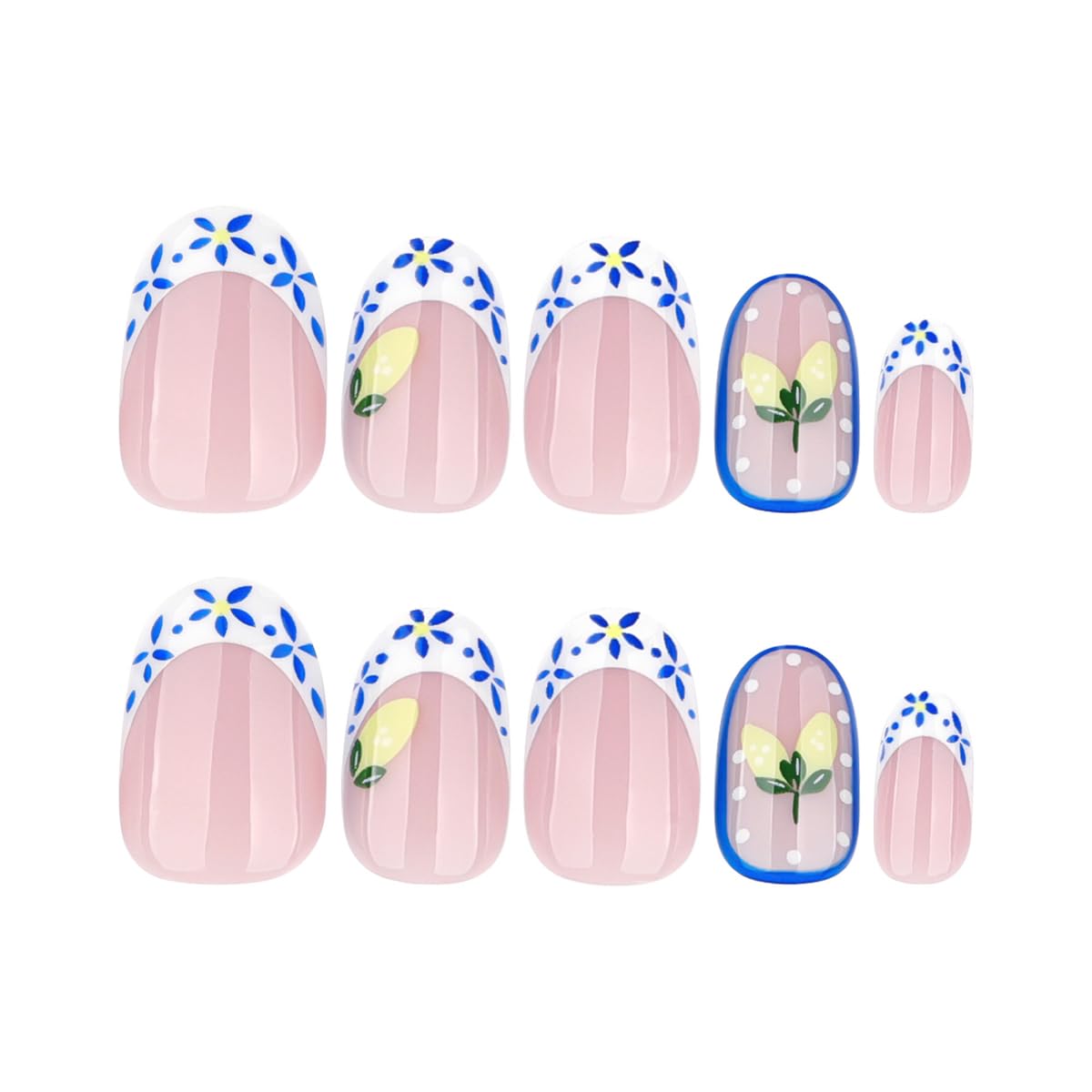 French Tip Press on Nails Short Oval Fake Nails with Fruit Floral Design Glossy Cute Nails Summer Beach Nails Press ons Artificial Full Cover Glue on Nails for Women Girls Kit 24Pcs