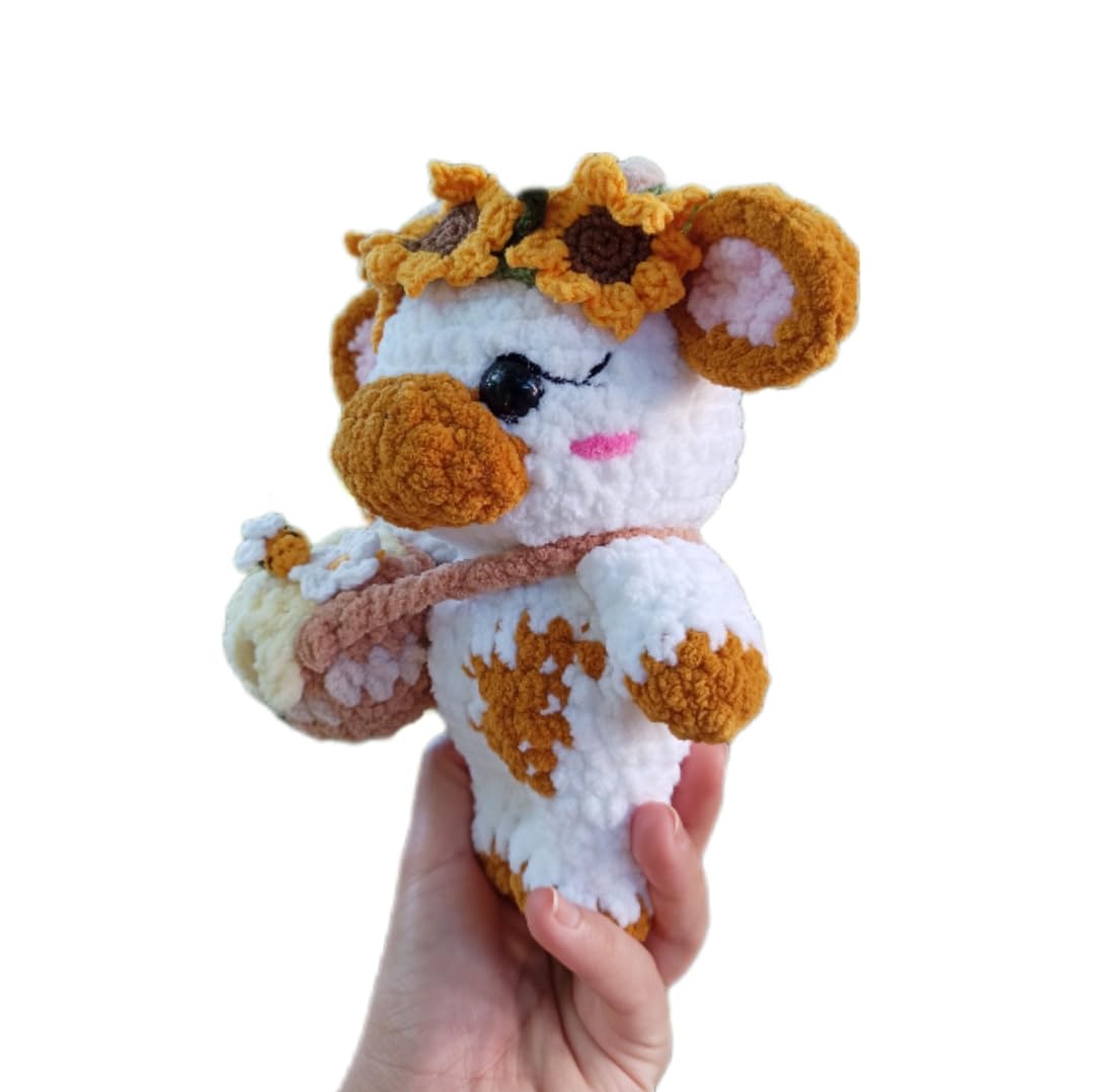 Handmade Sunflower Cow Plush – Soft Crochet Cow Stuffed Animal, Kawaii Plushie, Cuddly Cow Toy, Nursery Decor & Unique Handmade Gift