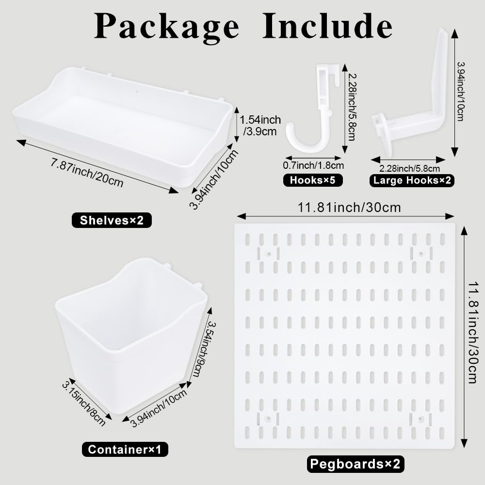 Pegboard Organizer for Wall Organization with 2 Pieces White Peg Board and 11 Accessories Set, Wall Mount Display Storage Kits for Kitchen Bedroom Office Bathroom Crafts Tools