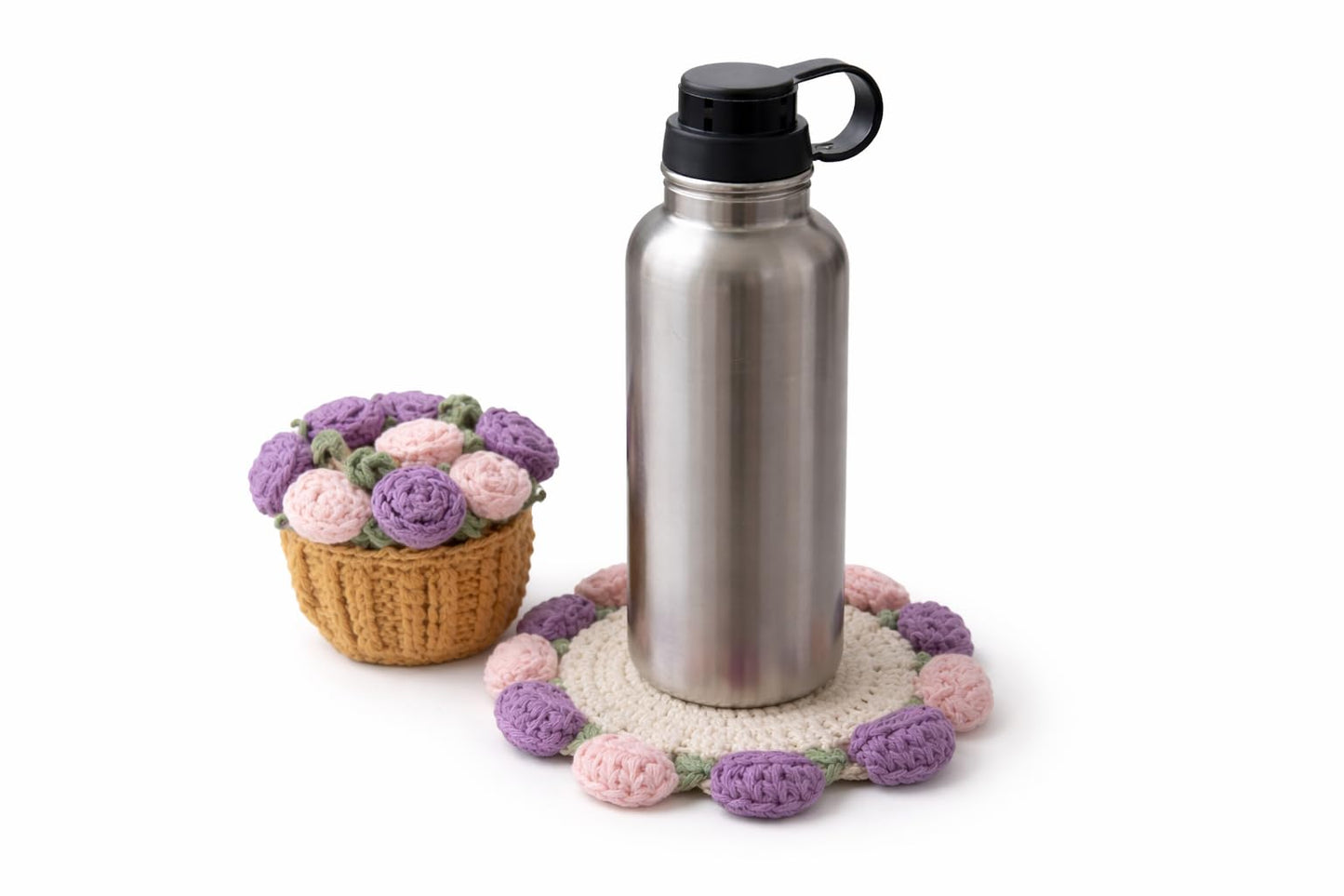 Handmade Crochet Coaster Set with Mini Basket | Boho Floral Rose Coasters for Coffee Table, Wedding Gift, Housewarming & Birthday Décor (Pattern 2)