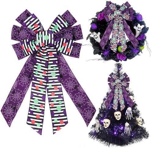 Large Halloween Tree Topper Bow, Purple Spider Web Wreath Bow